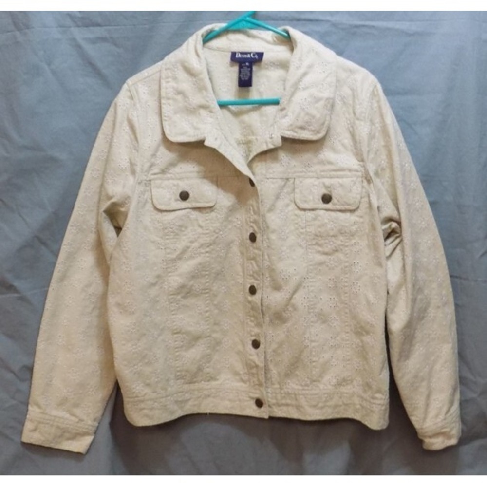 Denim Jacket Denim & Co Sz XL Embroidery Eyelet All Over Khaki Beige